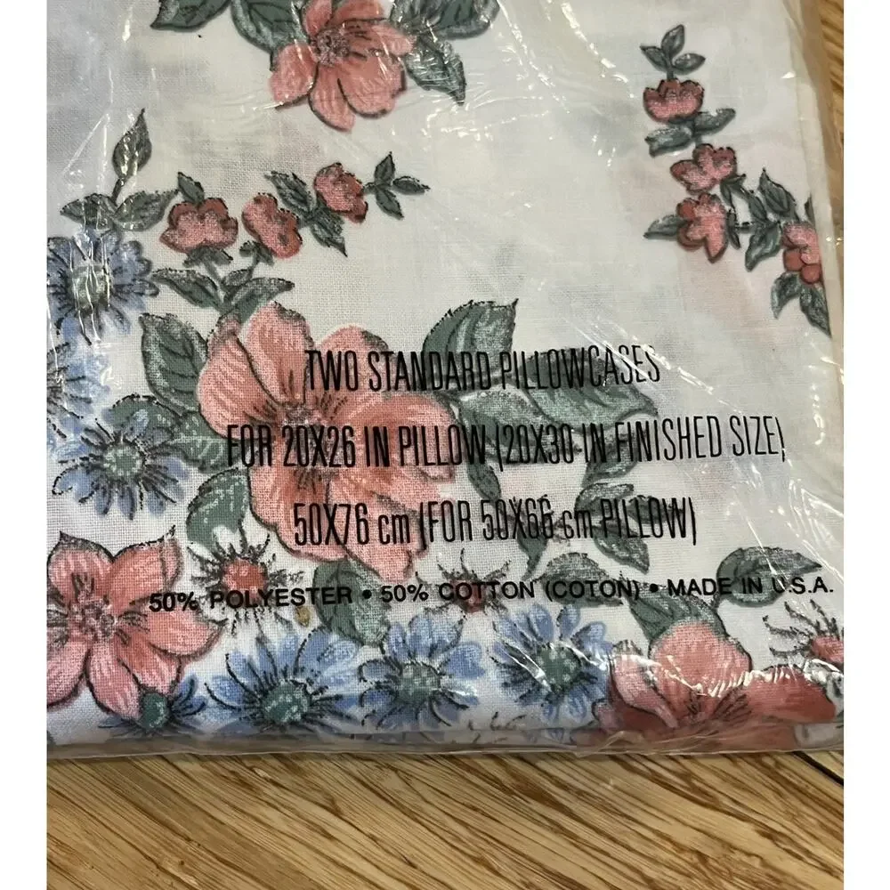Vintage Cannon Monticello 2 Pink Blue Floral Pillowcases Pair NEW In Package NOS
